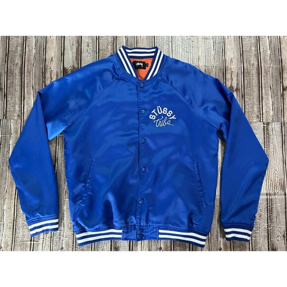 Stussy "World TRIBE" Satin Jacket Size Medium color blue - Picture 1 of 7